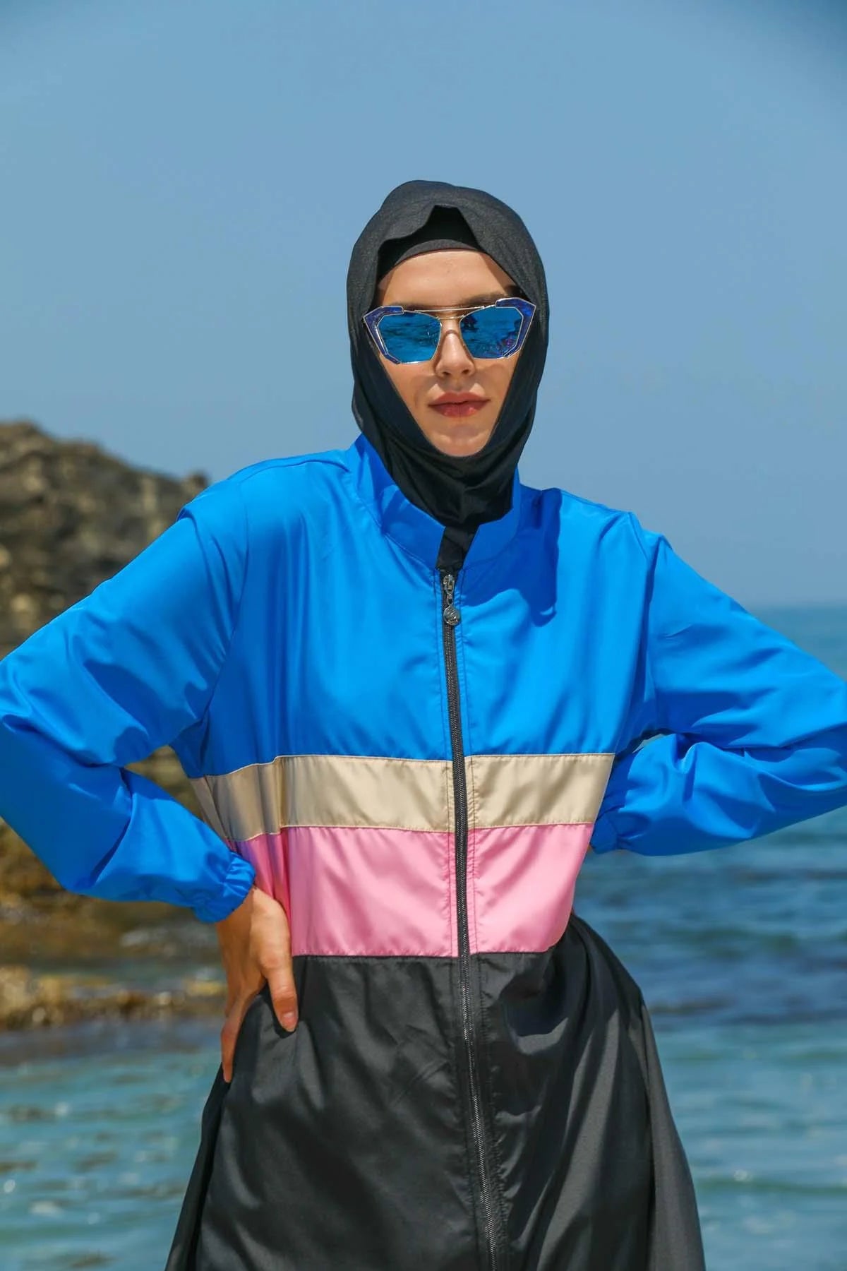 Elif Okur Tam Kapalı Mikro Tesettür Mayo Siyah Mavi