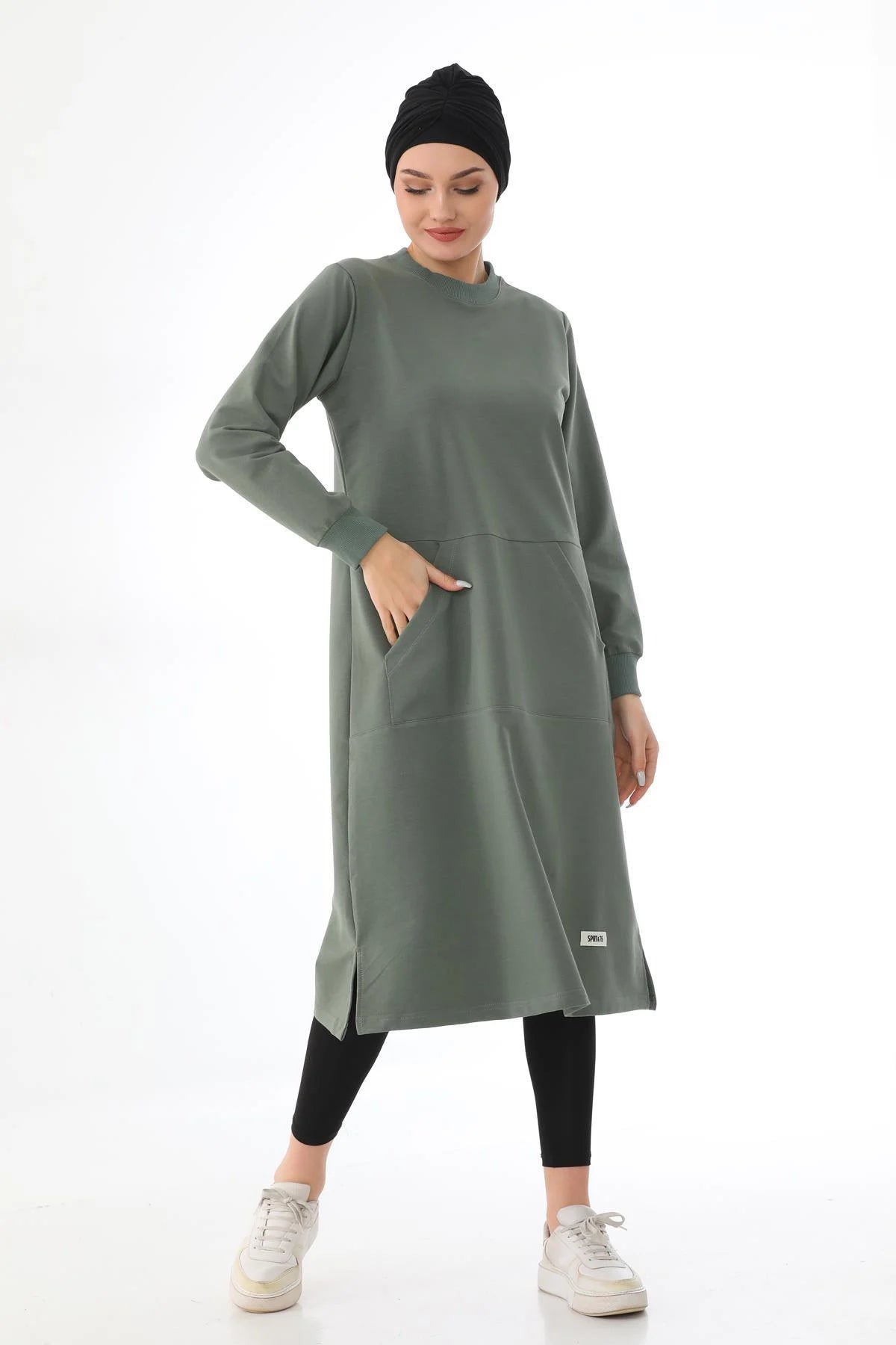 Elif Okur Tesettür Cepli Uzun Tunik Çağla