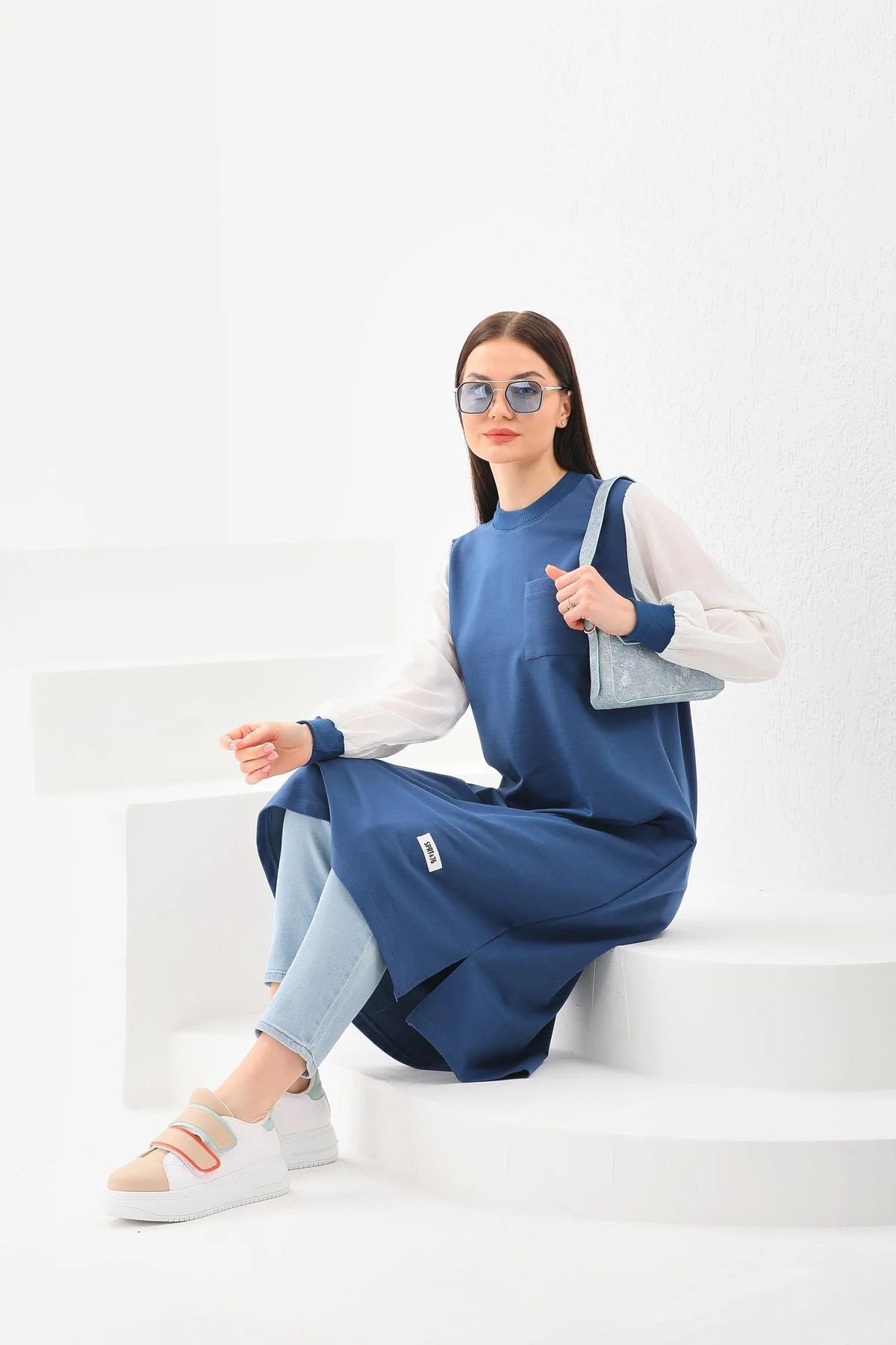 Elif Okur Tesettür Uzun Sweat Tunik Gömlek Kollu İndigo