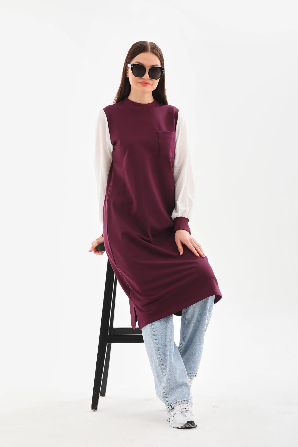 Elif Okur Tesettür Uzun Sweat Tunik Gömlek Kollu Mürdüm