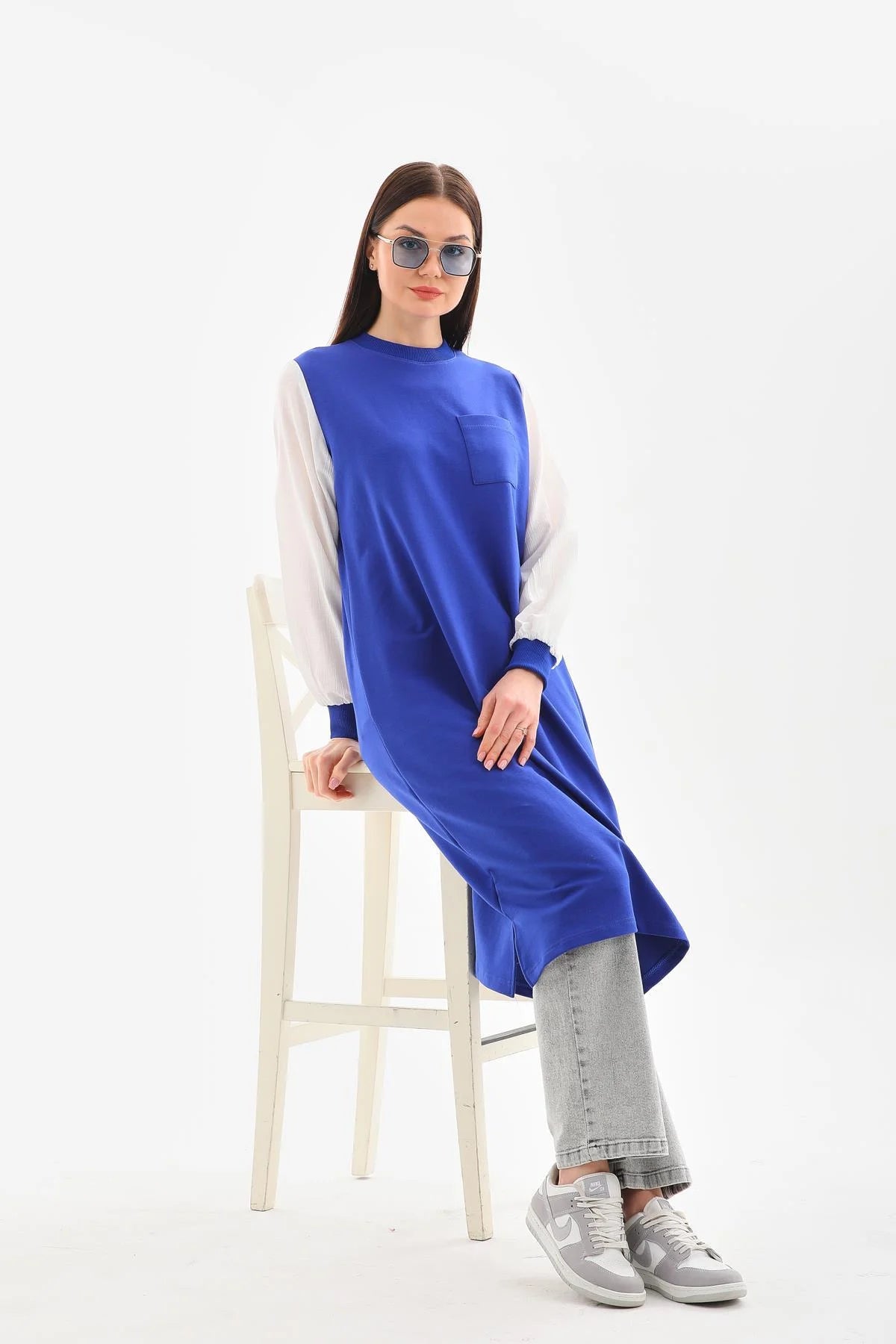 Elif Okur Tesettür Uzun Sweat Tunik Gömlek Kollu Saks