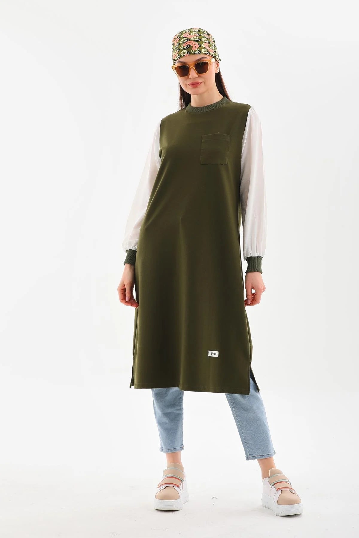 Elif Okur Tesettür Uzun Sweat Tunik Gömlek Kollu Haki