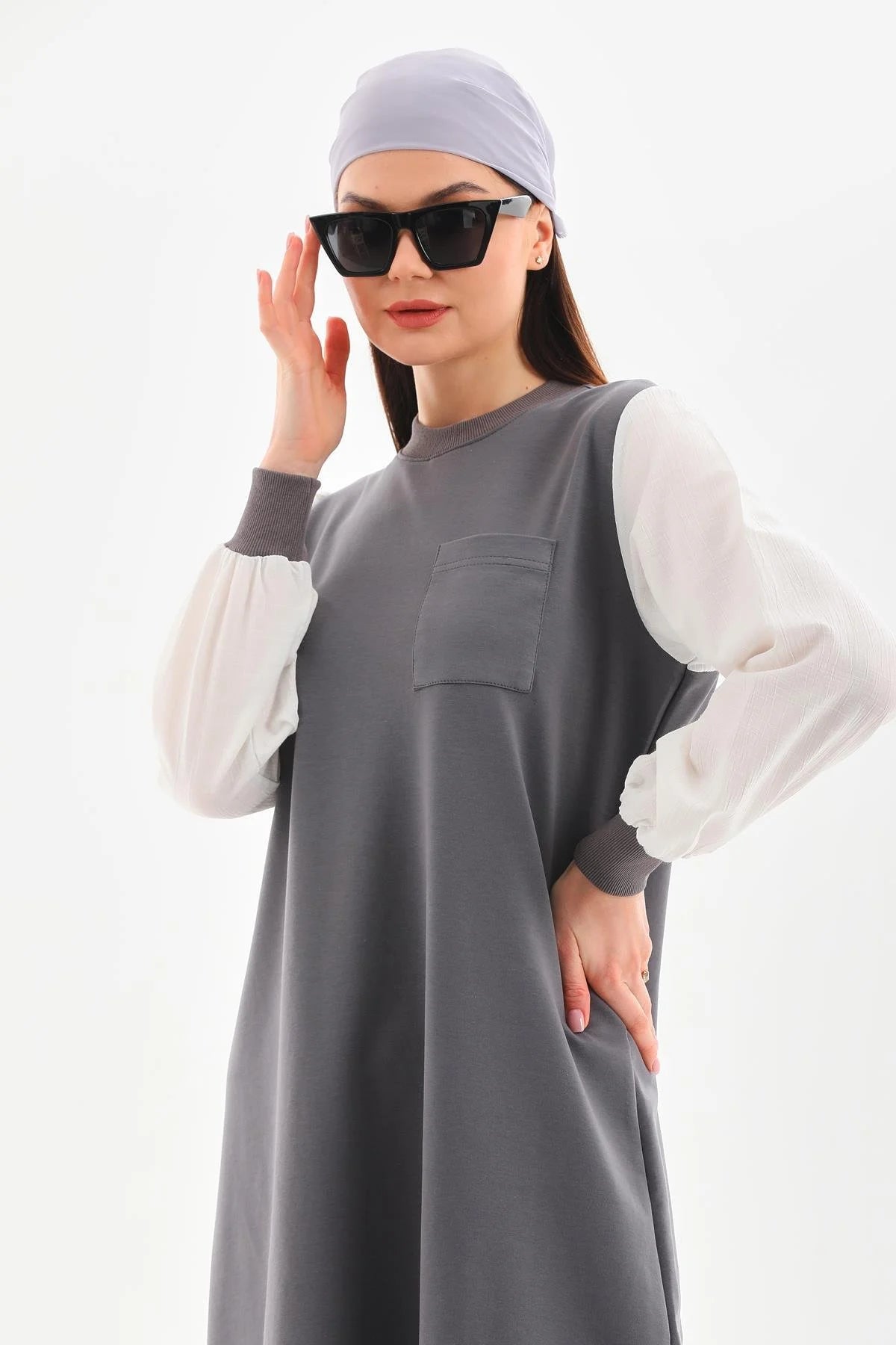 Elif Okur Tesettür Uzun Sweat Tunik Gömlek Kollu Füme