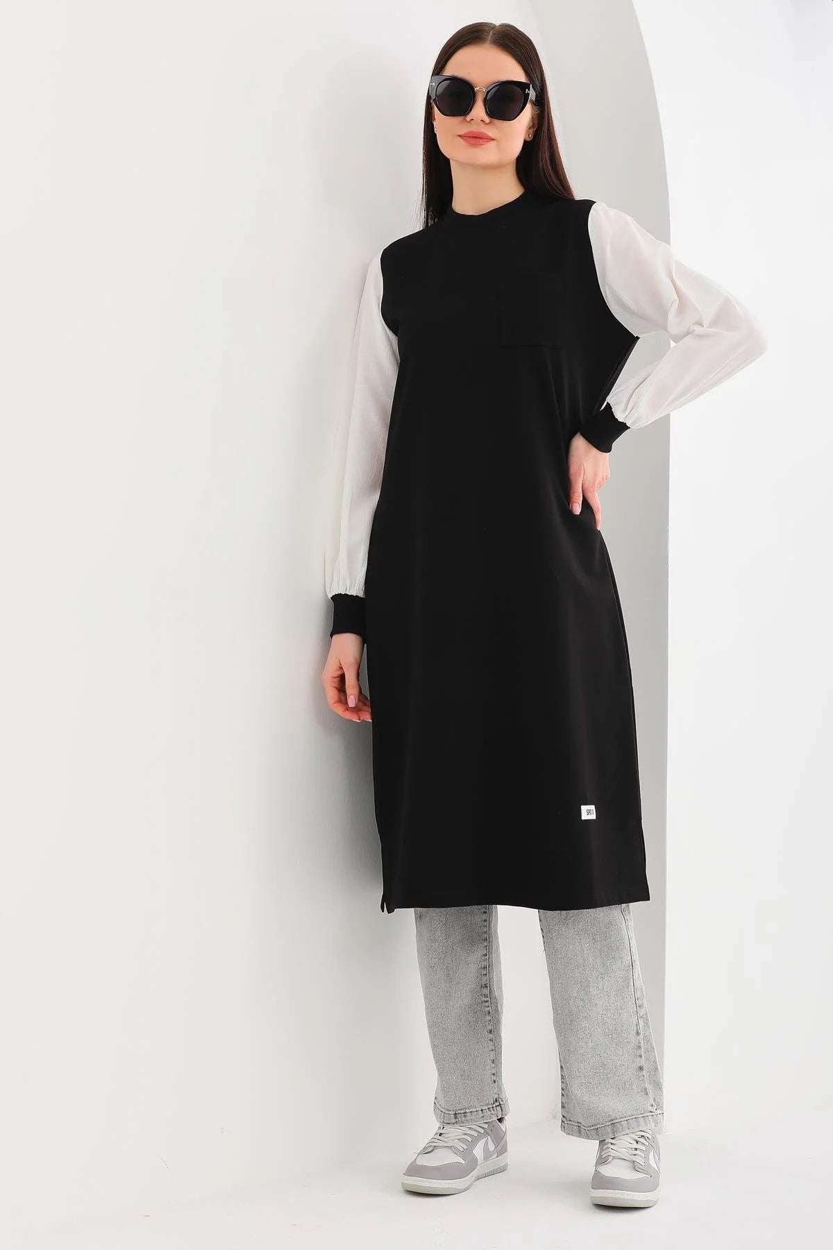 Elif Okur Tesettür Uzun Sweat Tunik Gömlek Kollu Siyah