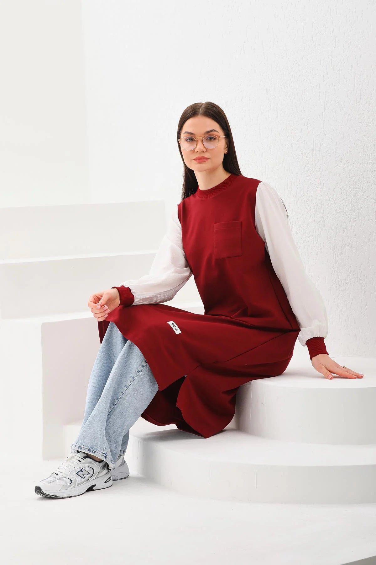 Elif Okur Tesettür Uzun Sweat Tunik Gömlek Kollu Bordo