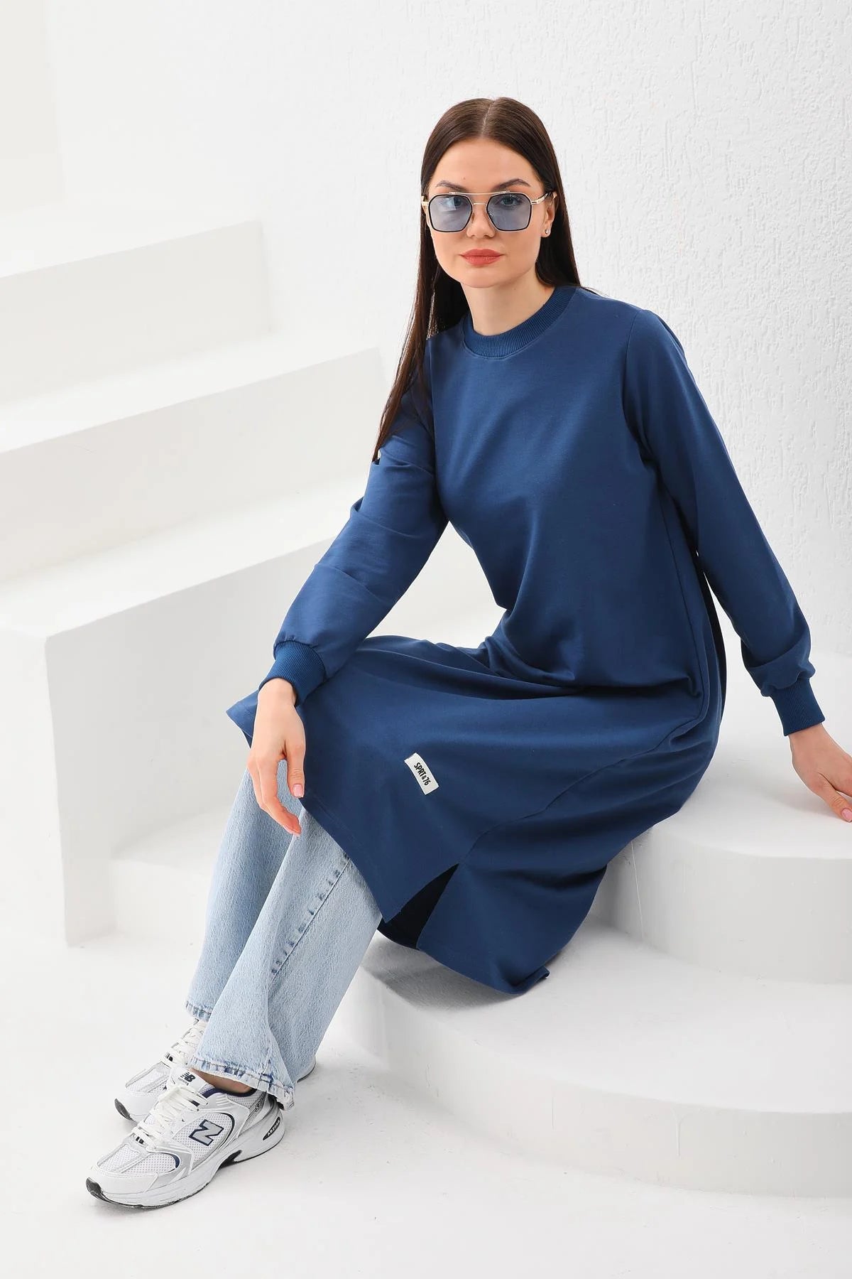 Elif Okur Tesettür Uzun Sweatshirt Tunik İndigo