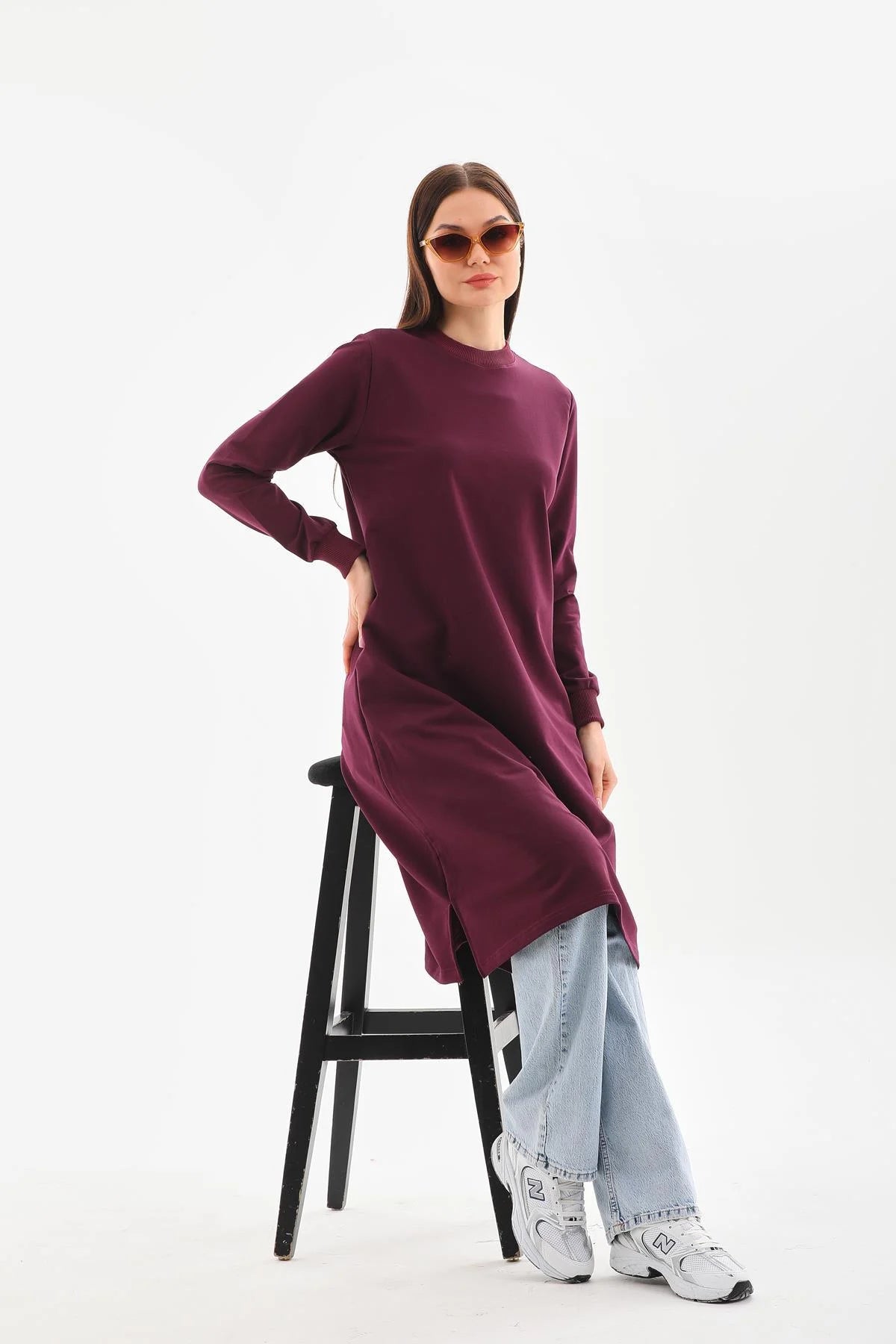 Elif Okur Tesettür Uzun Sweatshirt Tunik Mürdüm