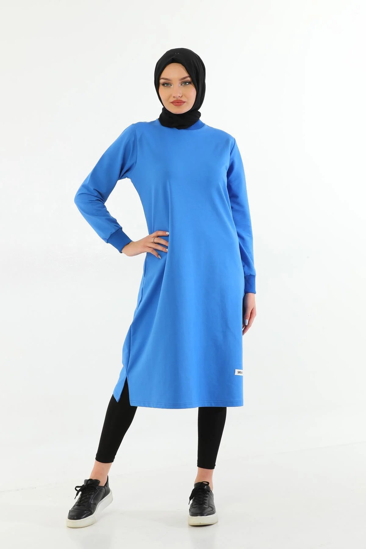 Elif Okur Tesettür Uzun Sweatshirt Tunik Okyanus Mavi