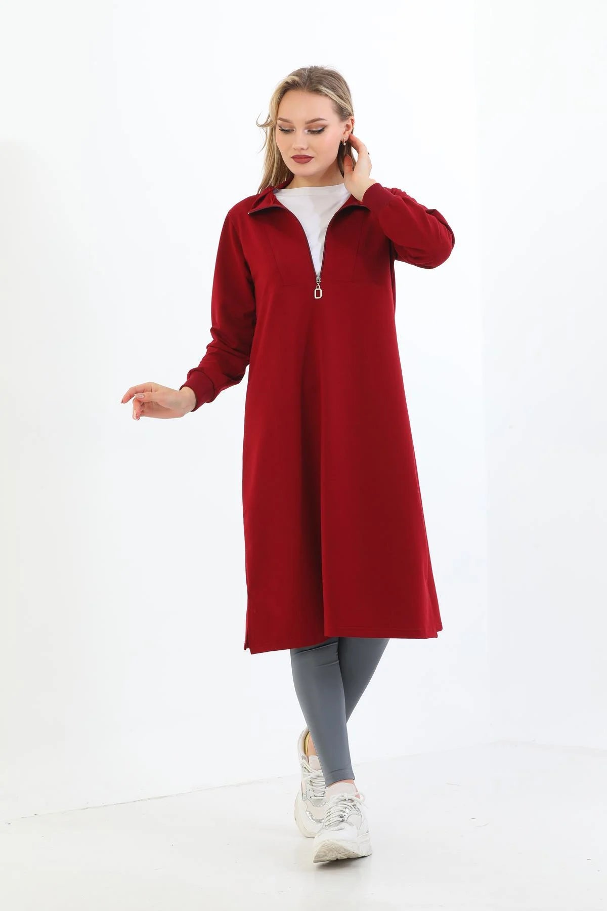 Elif Okur Tesettür Uzun Tunik Yarım Fermuarlı Bordo