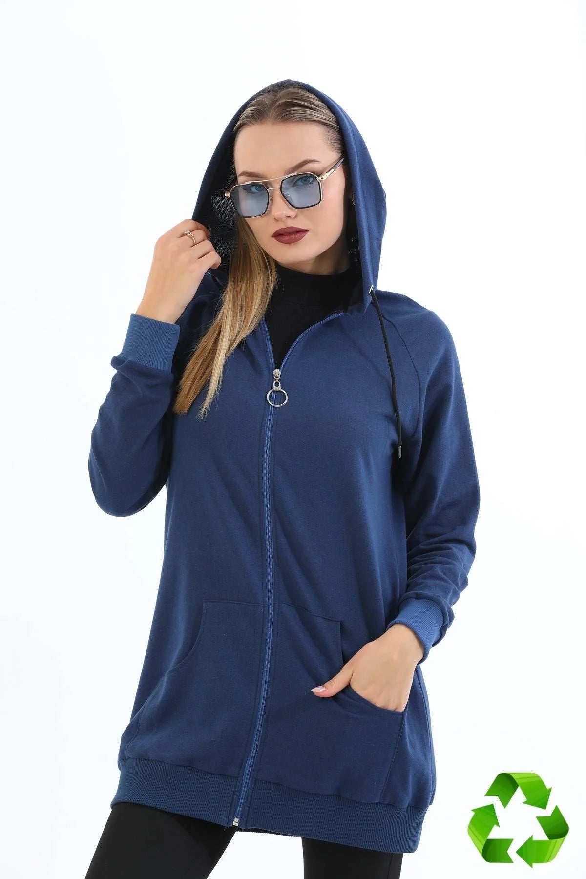 Elif Okur 2 İplik Rejenere Sweatshirt Mevsimlik Kapşonlu İndigo